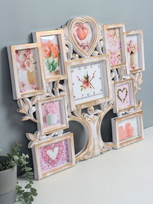 Фоторамка-коллаж на 9 фото с часами настенными «Семейное дерево», бесшумные, 51.5x65 см