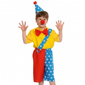 Карнавальный костюм «Клоун Чудик», рубаха, бриджи, колпак, нос, рост 92-110 см