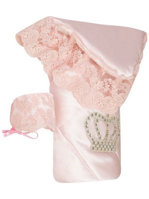 Конверт-одеяло на выписку "Империя" нежно-розовый Атлас с розовым кружевом и большой короной на липучке