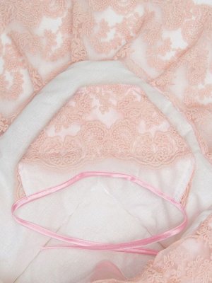 Зимний конверт-одеяло на выписку "Империя" нежно-розовый атлас с розовым кружевом и большой короной на липучке