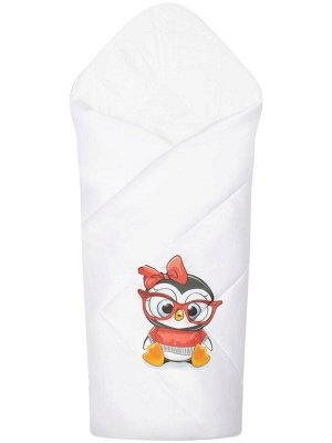 Конверт-одеяло на выписку "Пингвиночка в очках" (белое, принт без кружева)