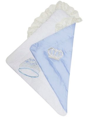 Зимний конверт-одеяло на выписку "Империя" голубой с молочным кружевом и большой короной на липучке