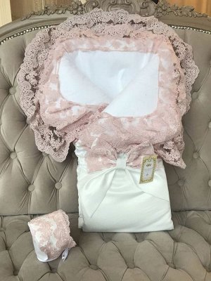 Конверт-одеяло на выписку &quot;Милан&quot; (молочный с розовым кружевом)
