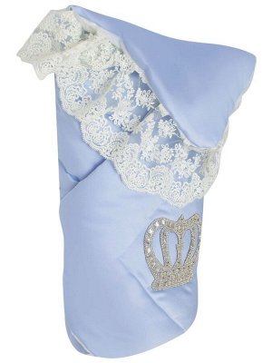 Конверт-одеяло на выписку "Империя" голубой с молочным кружевом и большой короной на липучке