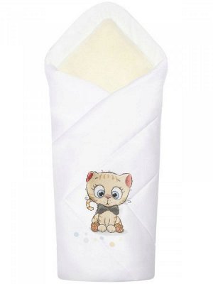 Зимний конверт-одеяло на выписку "Котик" (белое, принт без кружева)