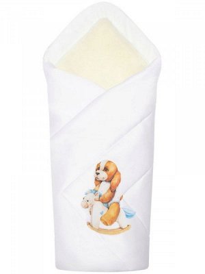 Зимний конверт-одеяло на выписку "Собачка на качалке" (белое, принт без кружева)