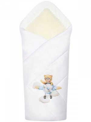 Зимний конверт-одеяло на выписку "Мишка пилот" (белое, принт без кружева)