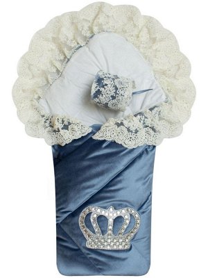 Зимний Конверт-одеяло на выписку &quot;Императорский&quot; (голубой с молочным кружевом и большой короной на липучке)