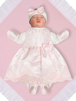 Комплект на выписку "Принцесса" АТЛАС комбинезон и платье (нежно розовое с розовым кружевом)