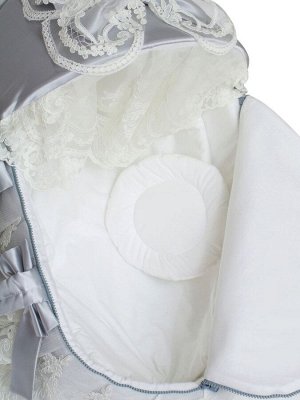 Люлька-переноска для новорожденного "Роскошь с бантиками" (серая АТЛАС с белым кружевом, стразами, бантом)
