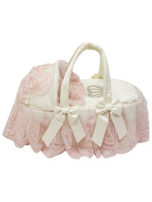 Люлька-переноска для новорожденного "Роскошь с бантиками" (молочная с розовым кружевом, стразами, бантом)