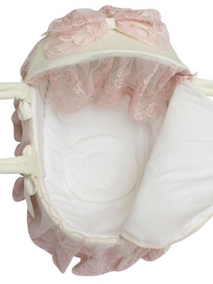 Люлька-переноска для новорожденного "Роскошь с бантиками" (молочная с розовым кружевом, стразами, бантом)