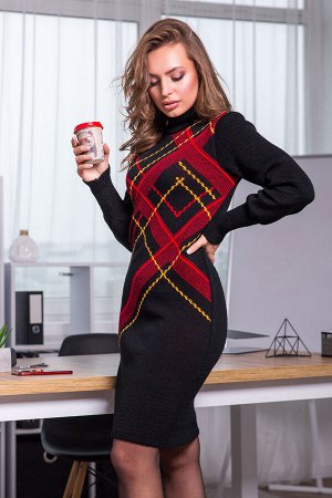Теплое вязаное платье Клетка (черный, красный, горчица)