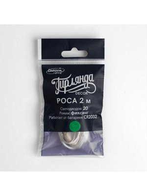 Гирлянда «Нить» 2 м роса, IP20, серебристая нить, 20 LED, батарейки CR2032x2 (в комплекте), свечение зелёное