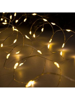 Гирлянда «Нить» 5 м роса, IP20, серебристая нить, 100 LED, 2 режима, батарейка AAх3 (не в комплекте), свечение тёплое белое