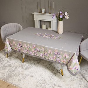 Скатерть "Ирисы" 160x220 см, Серый, 100% Хлопок с Пропиткой