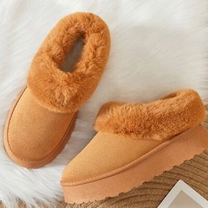 Угги короткие зимние утепленные на иск. мехе с отворотом, на толстой подошве, коричневый