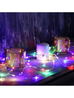 Гирлянда «Нить» 5 м роса с насадками «Сияние», IP20, нить серебристая, 50 LED, батарейки AAx3 (не в комплекте), свечение RGB