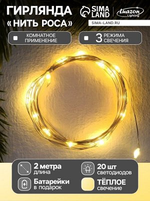 Гирлянда «Нить» 2 м роса, IP20, серебристая нить, 20 LED, 3 режима, батарейки AG13x3 (в комплекте), свечение тёплое белое