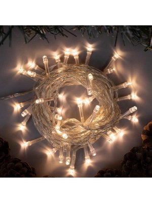 Гирлянда «Нить» 5 м, IP20, прозрачная нить, 50 LED, 8 режимов, 220 В, свечение тёплое белое