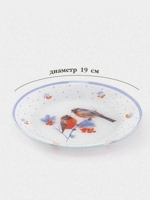 Десертная тарелка новогодняя Доляна «Снегири на ветке», d=25 см, стекло, белая, голубая