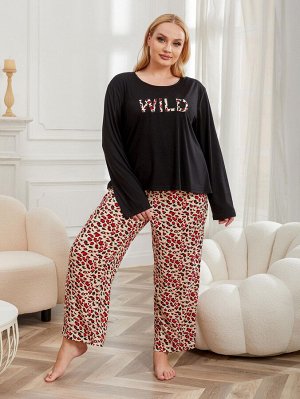 Пижама женская PLUS SIZE (лонгслив+штаны) с принтом