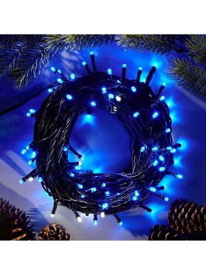 Гирлянда «Нить» 10 м, IP44, УМС, тёмная нить, 100 LED, свечение бело-синее, мигание, 220 В