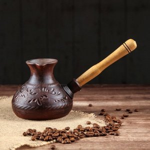 Турка для кофе с деревянной ручкой 0,5 л декор микс красная глина