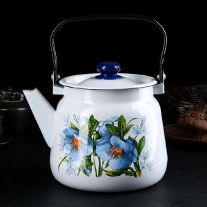 Чайник Цветы синие 3,5 л сфер, белый с кнопкой