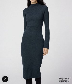 Женское платье с длинным рукавом из смеси шерсти мериноса с 3D-принтом 479754, темно сине-зеленое