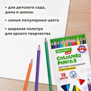 Карандаши цветные BRAUBERG KIDS NEW, 12 цветов, трехгранные, грифель 3 мм, 182001