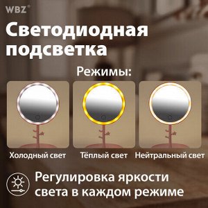 Зеркало настольное с LED-подсветкой для макияжа, диаметр 17 см, 3 режима свечения, аккумулятор 1200 mAh, цвет розовый, WBZ (ВБЗ), 609331