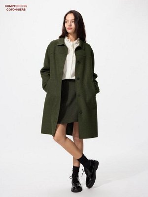UNIQLO x Comptoir des Cotonniers - длинное пальто с добавлением кашемира - 59 DARKGREEN