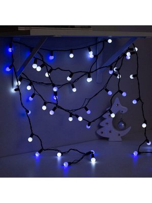 Гирлянда «Нить» 10 м с насадками «Шарики 1.5 см», IP44, тёмная нить, 100 LED, свечение бело-синее, мигание, 220 В