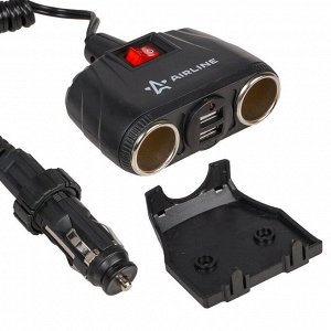 Разветвитель прикуривателя Airline, 12В, 2 гнезда, 2xUSB (5В, 0.5А), 100Вт, кабель 300см, чёрный, с кнопокй выключения, арт. ASP-2U-11