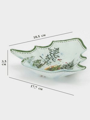 Блюдо новогоднее сервировочное Доляна «Зверьки в лесу», 17.7x18.5x3.5 см, стекло, белое, зелёное