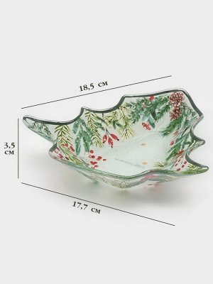 Блюдо новогоднее сервировочное Доляна «Еловые ветки», 17.7x18.5x3.5 см, стекло, белое, зелёное