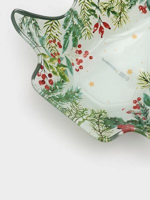 Блюдо новогоднее сервировочное Доляна «Еловые ветки», 17.7x18.5x3.5 см, стекло, белое, зелёное