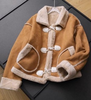 Короткое пальто из иск. меха и замши на пуговицах, коричневый