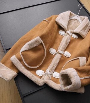 Короткое пальто из иск. меха и замши на пуговицах, коричневый