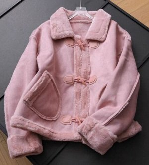 Короткое пальто из иск. меха и замши на пуговицах, розовый