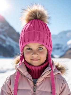 Шапка с помпоном на завязках со снудом детская Amarobaby Pure Love Snow вязаная, фуксия