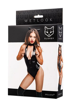 Боди Glossy Kitti с ушками на ободке из материала Wetlook, черное, S