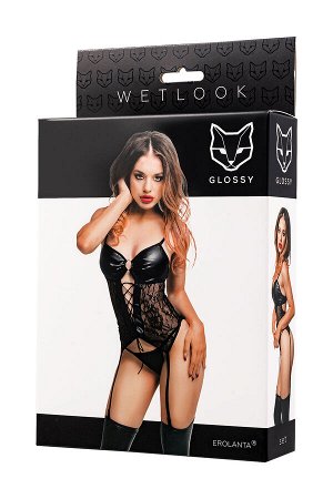 Комплект Glossy Miriam топ на шнуровке и трусики из материала Wetlook, черный, S