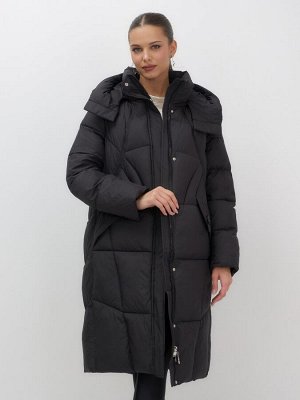 Пальто зимнее утепленное с капюшоном женское черного цвета 7709Ch