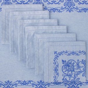 Столовый набор "Этель" (скатерть 150х300 см, салфетки 45х45 см - 12 шт.) цвет синий, хл. с ВМГО