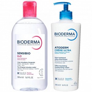 Биодерма Набор для лица и тела: мицеллярная вода 500 мл + крем Ультра 500 мл (Bioderma, Sensibio)