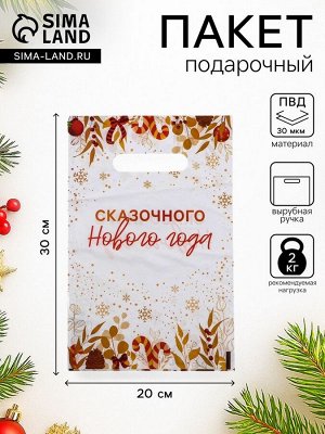Пакет подарочный «Сказочного Нового Года», полиэтиленовый с вырубной ручкой, 20x30 см, 30 мкм