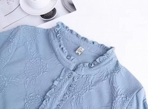Рубашка с орнаментом и оборками, рукав 3/4, на пуговицах, голубой