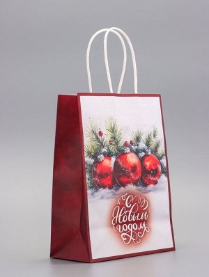 Пакет бумажный подарочный новогодний крафт «Новогодние шары» 15x21x8 см